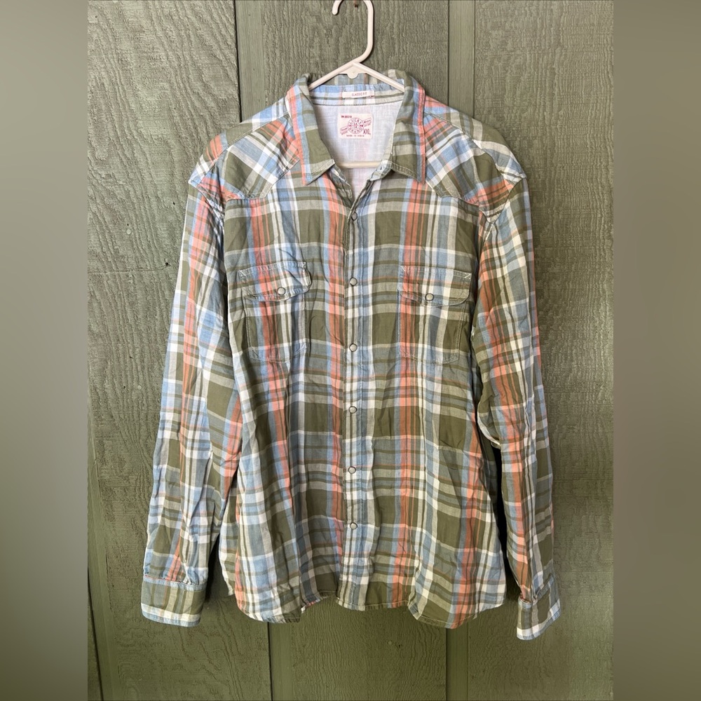 Lucky Brand Men’s Pearl Snap Shirt Green Plaid Long Sleeve Western XXL